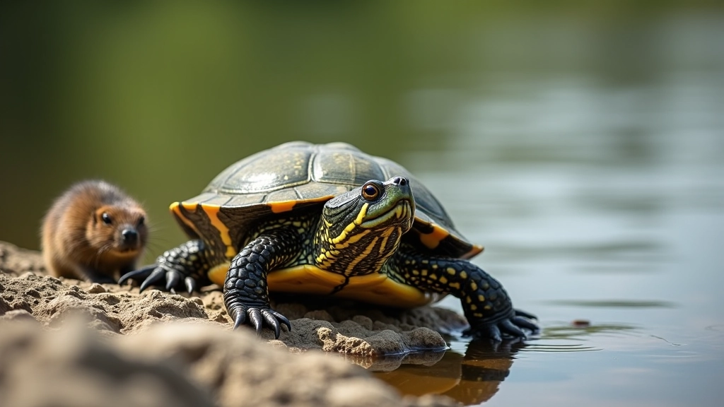 Bruņurupucis uz akmens un ūdens žurka pie ezera mala
