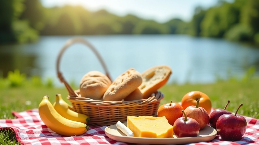 Piknika groziņš ar maizīti, sieriem un augļiem uz piknika segas pie ūdens